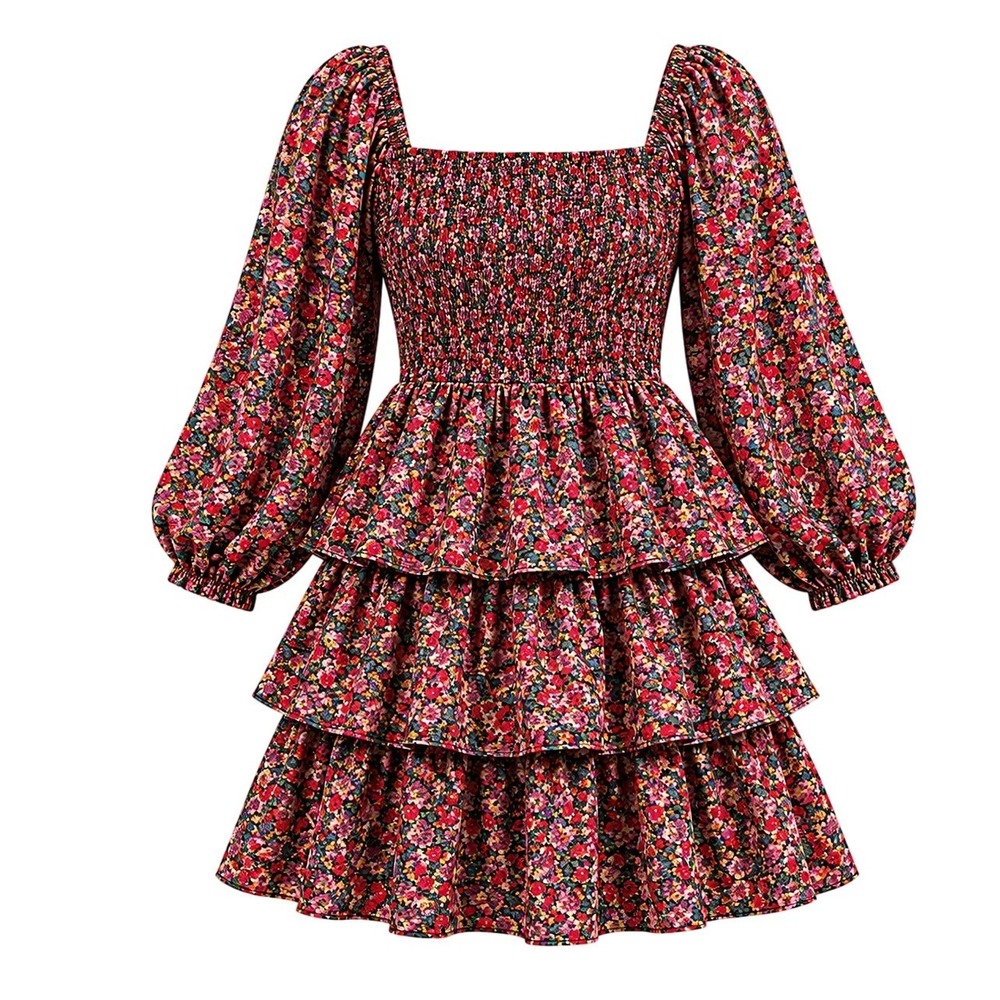 Entro Floral Smocked Tiered‎ Mini Dress Red Pink Long Puff Sleeve Medium Smocked